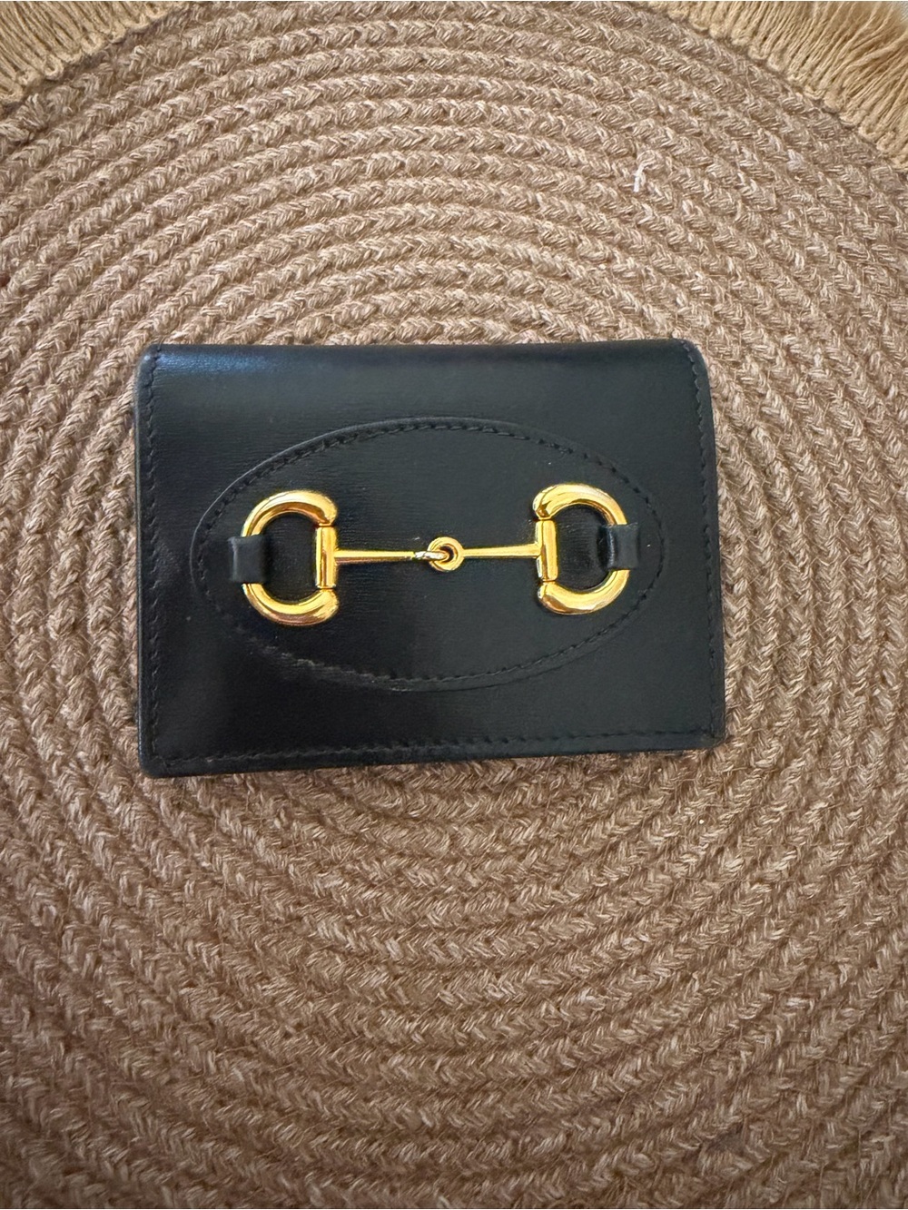 Gucci Black Leather Card Wallet with Gold Bit Accent